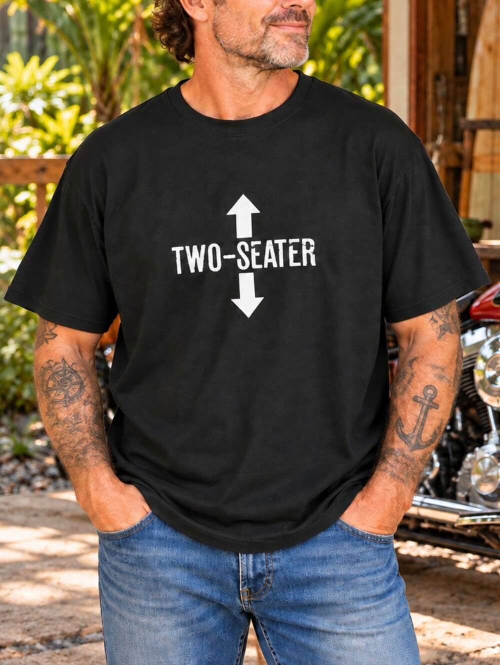 NWOT Men's XXL Two-Seater Motorcycle Biker Humor Stretch Graphic T-Shirt